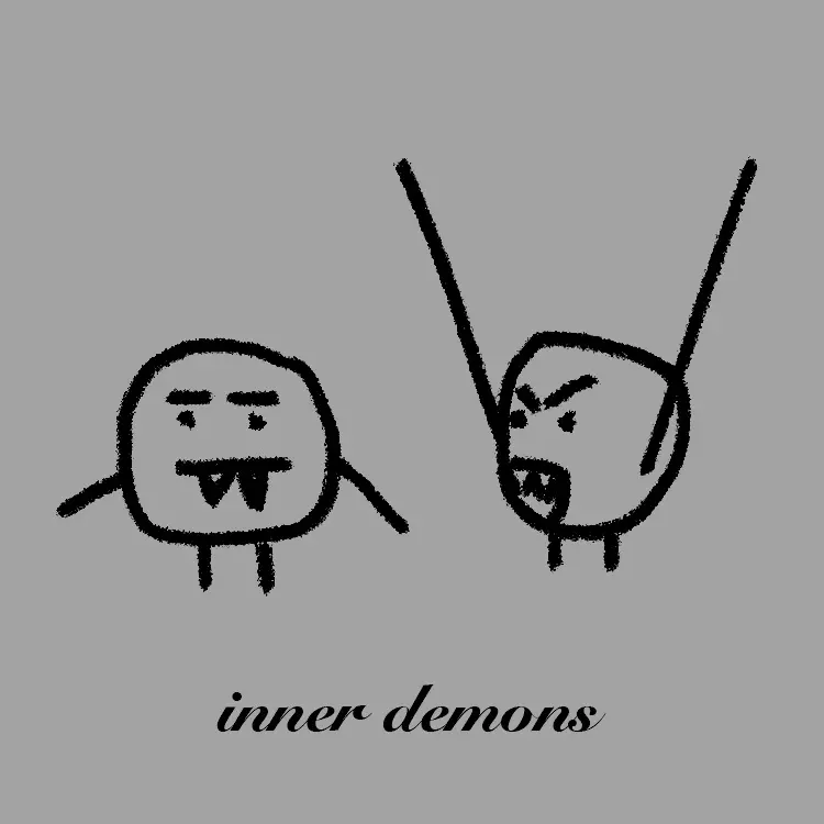 Radio show album cover of two stick-figure-like doodles of fanged demons drawn in black and standing next to each other. 
                        One demon yells at the other like it is complaining about something. 
                        The fancy script beneath it reads, &ldquo;inner demons,&rdquo; the show title.