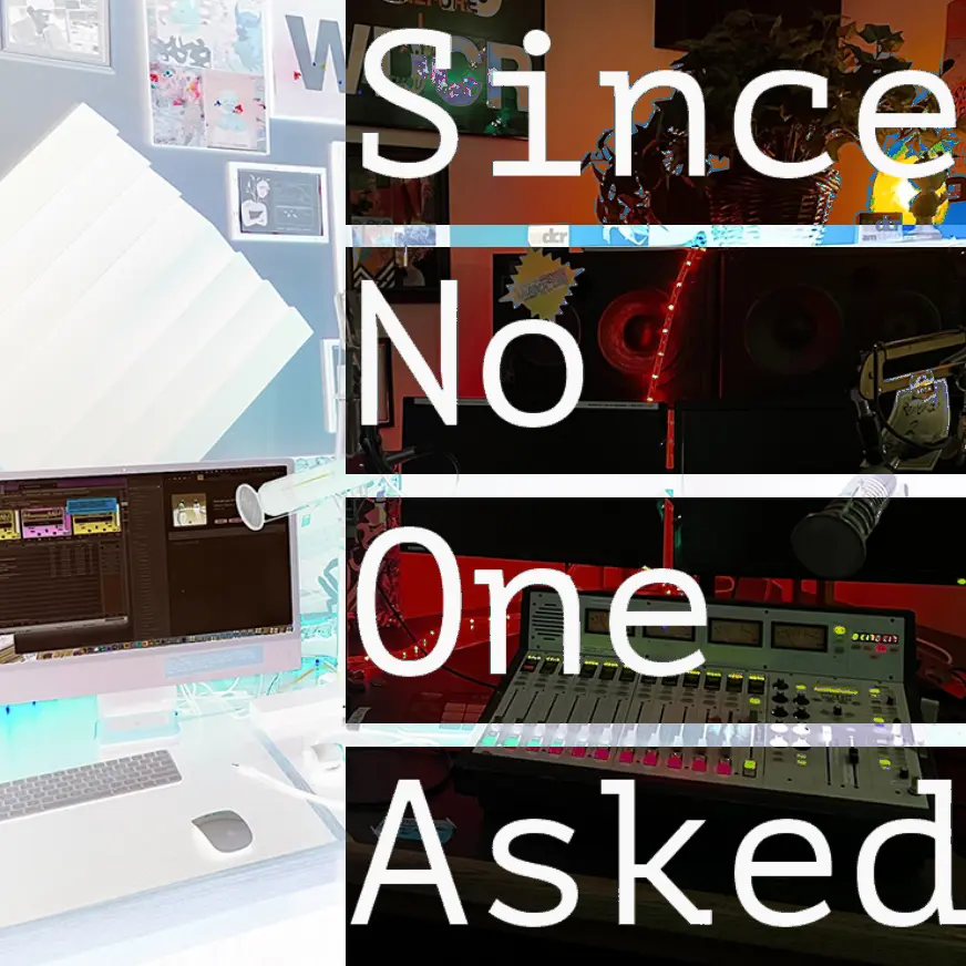 Radio show album cover of WDCR live studio with an inverted color scheme. 
                        The warm, orange lights and darkened screens are now pale cyans and bleachd whites. 
                        The show title, &ldquo;Since No One Asked&rdquo; is shown in large lettering on the right side of the cover.