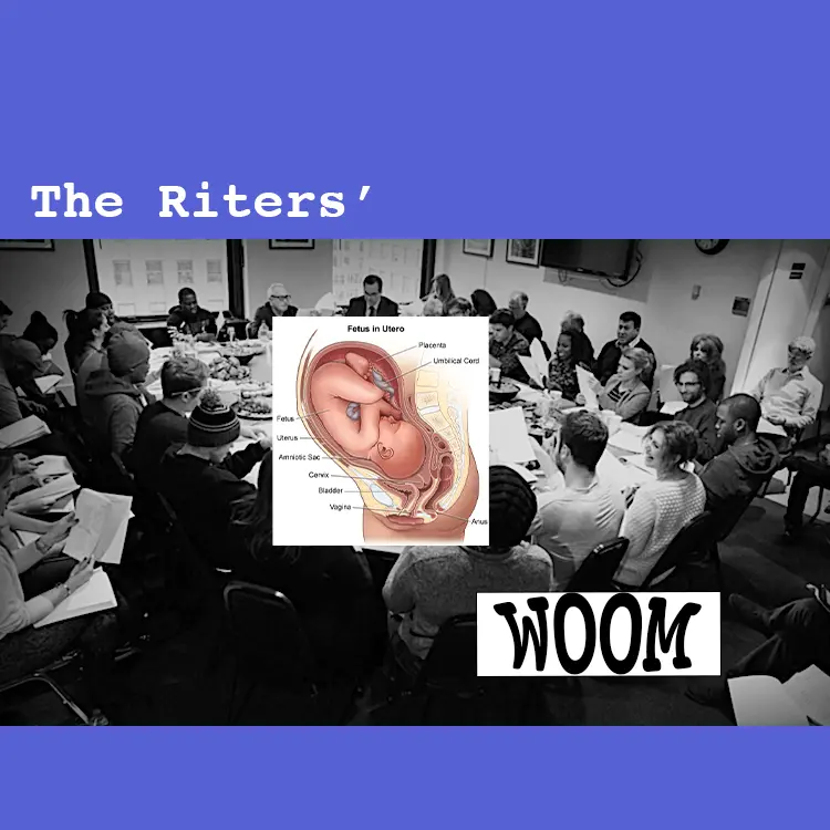 Radio show album cover of a purple background containing a black and white photo of the Saturday Night Live writers' room. 
                        At the center of the table is a poorly photoshopped-in diagram of a pregnant woman's uterus with a fetus in it. 
                        The black and white text reads, &ldquo;The Riters' WOOM&rdquo;. 
                        The WOOM is curled in a fun yet offputting Word-art-style way.