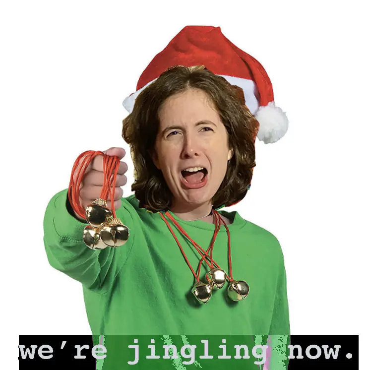 Radio show album cover of V's anguished face 
                        poorly photoshopped on the body of an old man in a green shirt and a Santa hat handing out jingle bells like a gift. 
                        The text beneath the photo reads, &ldquo;we're jingling now.&rdquo; against an inverted color scheme.