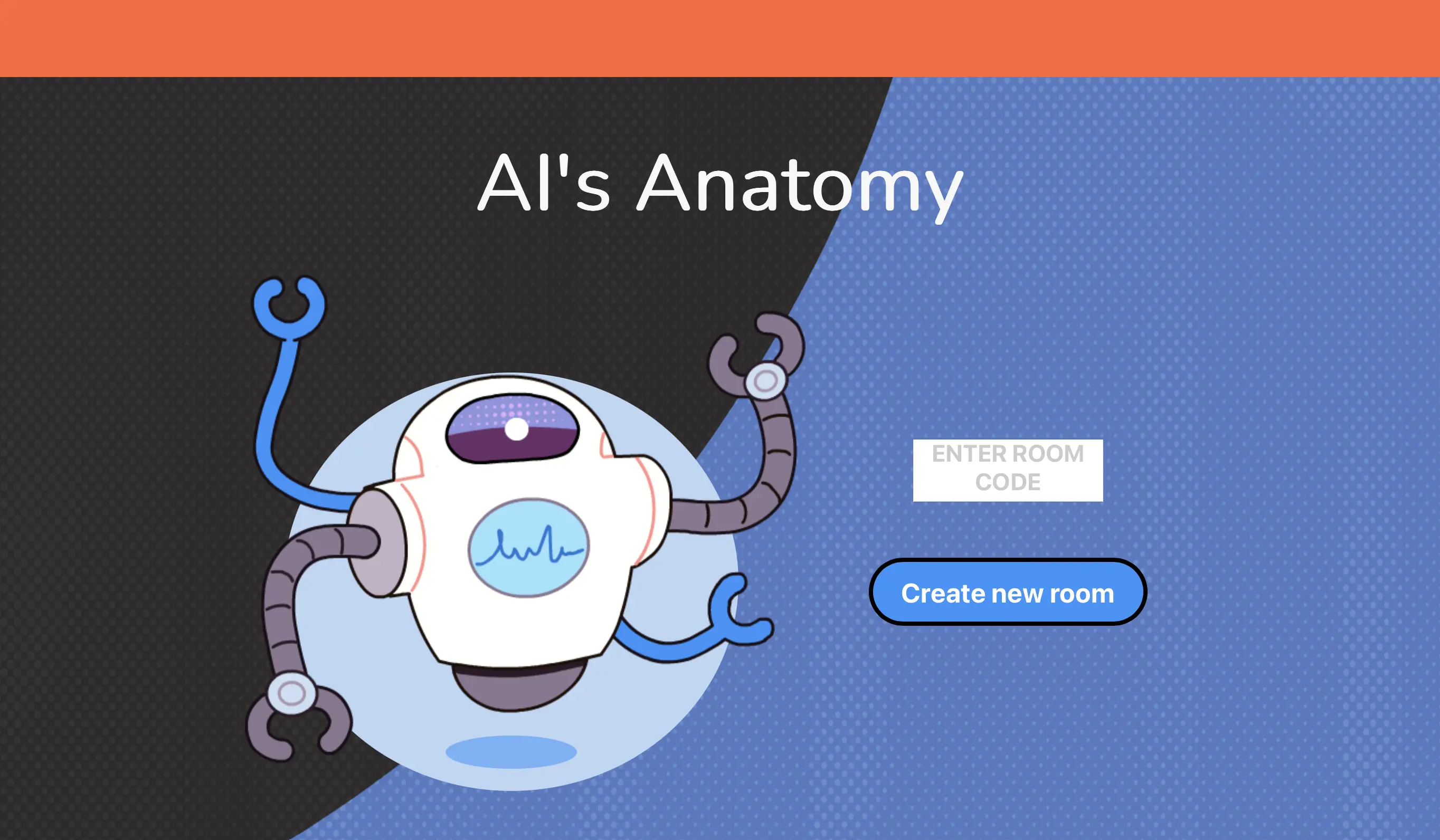 Title image of AI's Anatomy game featuring the character Hal, 
                        a friendly, gray cartoon robot that helps players sort patients and learn about racial bias and AI.