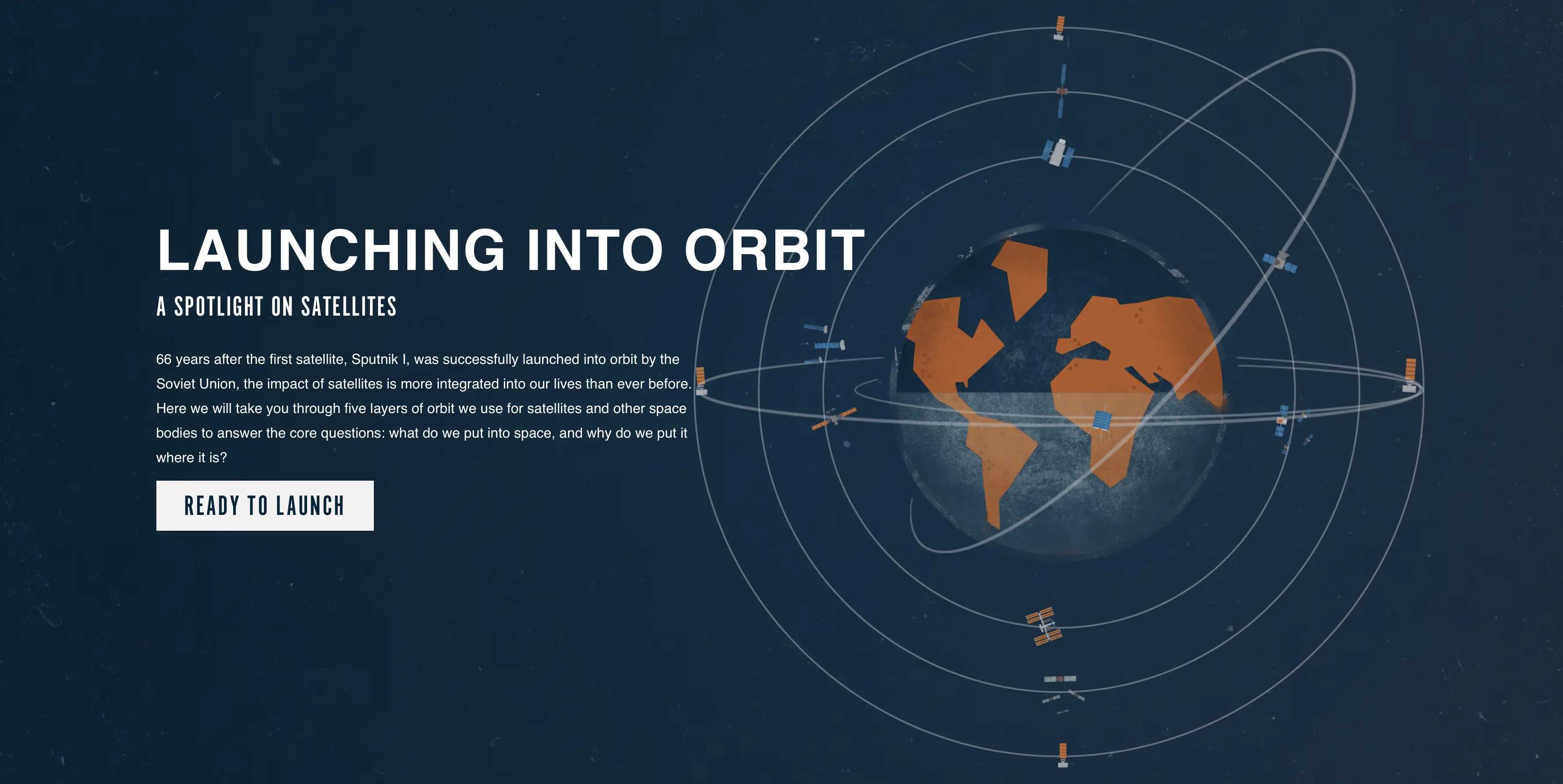 Title image of Launching Into Orbit: A Spotlight On Satellites interactive featuring a drawing of earth from outer space 
                        surrounded by orbiting satellites. The interactive description reads, 66 years after the first satellite, 
                        Sputnik One, was successfully launched into orbit by the Soviet Union, 
                        the impact of satellites is more integrated into our lives than ever before. 
                        Here we will take you on five layers of orbit we use for satellites and other space bodies to answer the core questions: 
                        what do we put into space and why do we put it where it is?