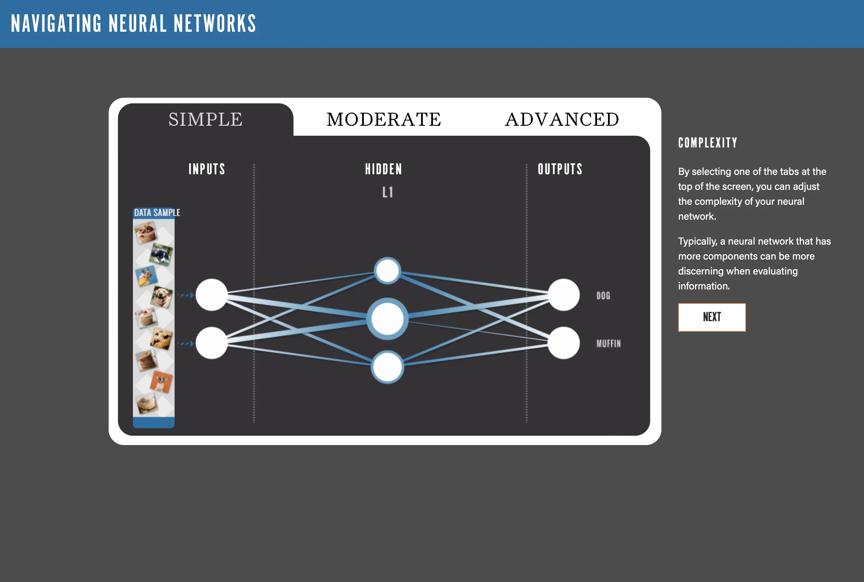 Image of the introductory walkthrough for the Navigating Neural Networks interactive, 
                        which teaches users how to adjust the interactive neural network visualization in question. 
                        The adjustable neural network visualization is comprised of data samples, 
                        which are photos of blueberry muffins and dogs, as well as three layers of nodes, an input layer, 
                        a hidden layer, and an output layer, connected by bluish lines that represent weights.